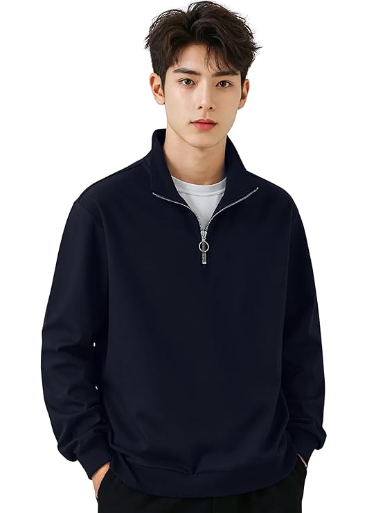 Jump Cuts || Mens || Solid || Henley Neck || Full Sleeve || Half Zipper || LoopKnit || Sweatshirt