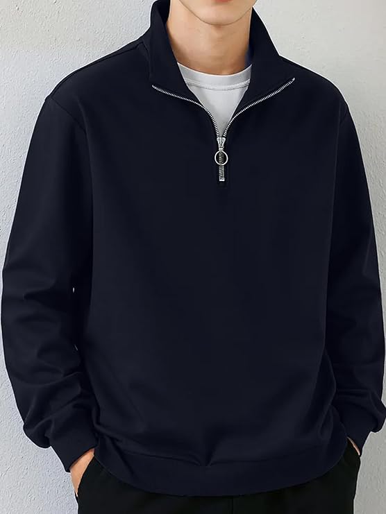 Jump Cuts || Mens || Solid || Henley Neck || Full Sleeve || Half Zipper || LoopKnit || Sweatshirt - Image 2