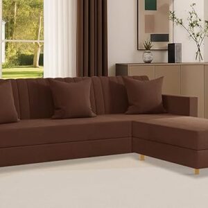 Rosebell 3 + 1 Wooden Four Seater L-Shaped Sectional Sofa Set | Space-Saving Velvet Couch for Living Room & Office |Space-Saving Modern Convertible Design - Brown Color