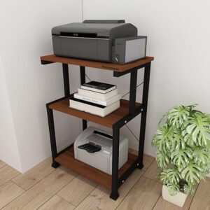 WODENWAWE Multi-Purpose SideTable, CoffeeTable, PlantStand,, EndTable, Computer Office with 3 Tier Printer Stand, Mobile Desk Organizer Shelves, Top Color-Brown, Size-55x35x74CM(WW-3P) (Brown)