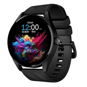 Titan Crest 1.43” AMOLED Smart Watch with BT Calling, AI Morning Briefs, Functional Crown, Health Tracking, Aluminium Body, 100+ Sports Modes, Smartwatch for Men and Women - Black Silicone Strap