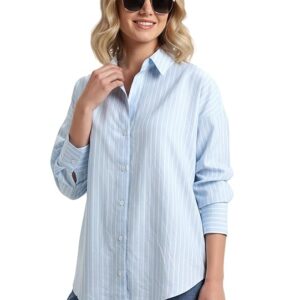 Women's Oversized Oxford Striped Shirt, Full Sleeves, Cotton Blend