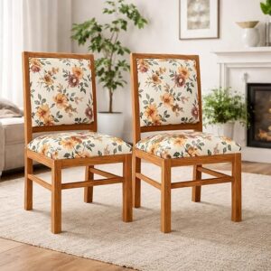 Modern Home Furniture | Solid Wood Set of 2 Dining Study Chair | Honey Finish with Flower Printed Cushions | Pre Assembled (Ready to Use) | 1 Year Warranty |