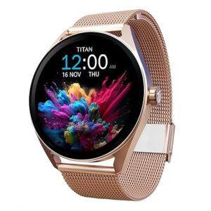 Titan Crest 1.43” AMOLED Smart Watch with BT Calling, AI Morning Briefs, Functional Crown, Health Tracking, Aluminium Body, 100+ Sports Modes, Smartwatch for Men and Women - Rose Gold Mesh Strap